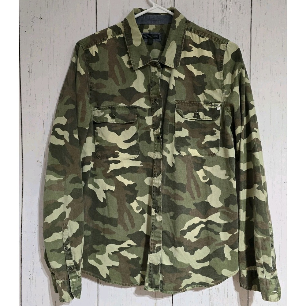 Vans Camo Button Down Shirt Womens‎ XL Green Studded Back Military Punk Skater